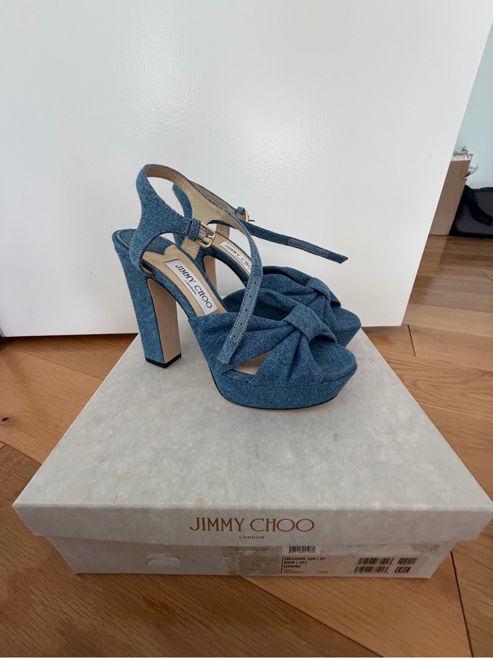 Jimmy Choo Heloise 120. Size 37.5 Blue Denim Knotted Platform Sandals